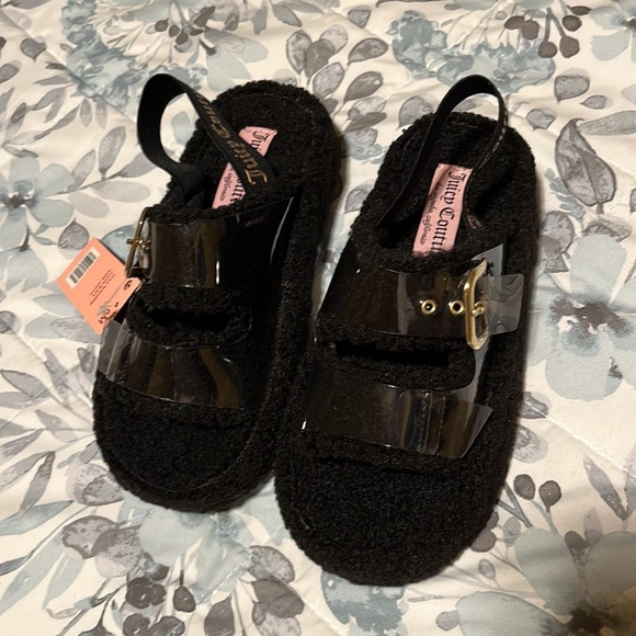 New Juicy Couture Griffin Hard Soled Black Sherpa Sling Slides Slippers Size 6 - Picture 2 of 11